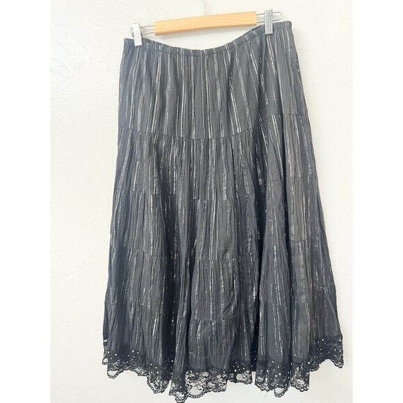 VINTAGE CACHE MAXI Sequin Gypsy Broom Skirt Size Medium Black Lace Whimsygoth - Picture 1 of 9